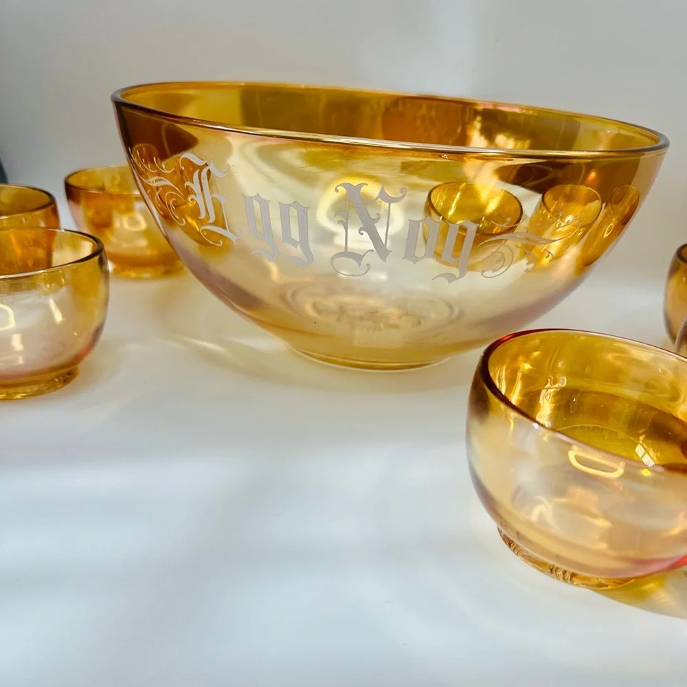 1950s Jeanette Glass Marigold Carnival Glass Egg Nog Punch Bowl and Cup Set